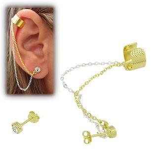 Brinco Ear Cuff Folheado A Ouro C/ Strass E Correntinha Dupl